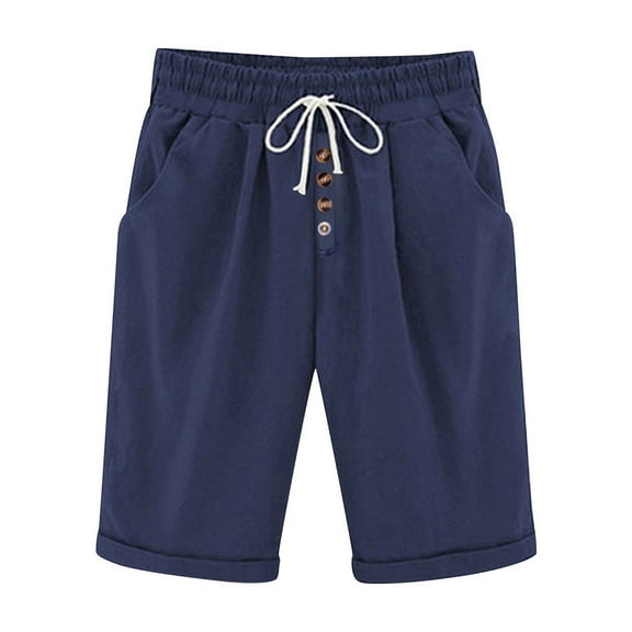Htigea Clearance Women's Elastic Waist Casual Comfy Cotton Linen Beach Shorts with Drawstring Pockets Knee Length Shorts Womens Clothes Navy,XXL