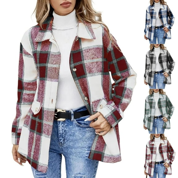 Htigea Clearance Women's Fall Clothes Plaid Shacket Jacket Long Sleeve Button Down Flannel Shirts Fashion Jacket Red S