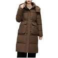 thumbnail image 1 of Htigea Clearance Women's Hooded Long Puffer Coat Winter Warm Full Zip Quilted Jacket Winter Long Sleeve Parkas with Pockets Today Sales Coffee,L, 1 of 3