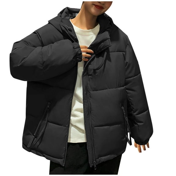 Htigea Clearance Women's Hooded Winter Stand Collar Zip Puffer Jacket Baggy Short Padded Down Coats with Zip Pockets Clearance Sale Black,M