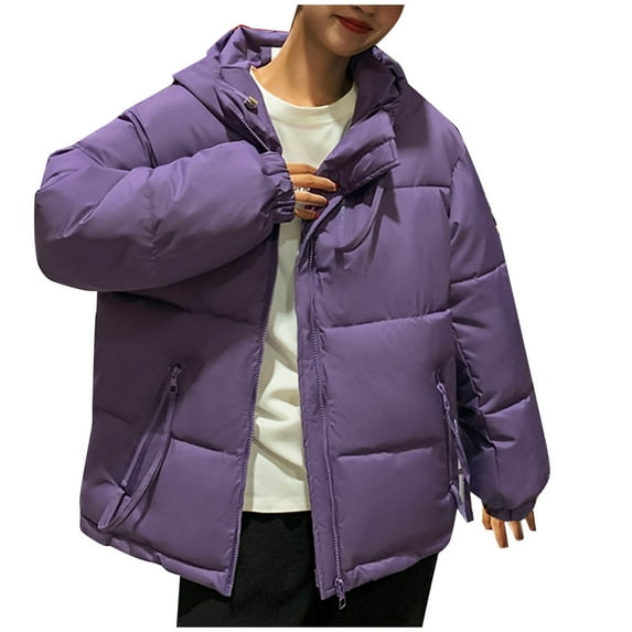 Htigea Clearance Women's Hooded Winter Stand Collar Zip Puffer Jacket Baggy Short Padded Down Coats with Zip Pockets Clearance Sale Purple,M