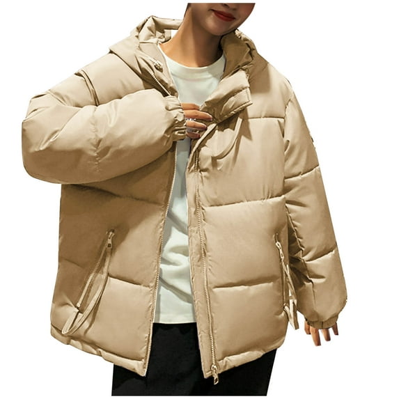 Htigea Clearance Women's Hooded Winter Stand Collar Zip Puffer Jacket Baggy Short Padded Down Coats with Zip Pockets Fall Savings Khaki,S