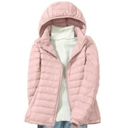 HTIGEA CLEARANCE Women's Down Jacket Plus Size Lightweight Puffer Jacket Packable Winter Warm Quilted Bubble Coat Waterproof Windproof Hooded Removable Hat Today Deals Pink,XXL