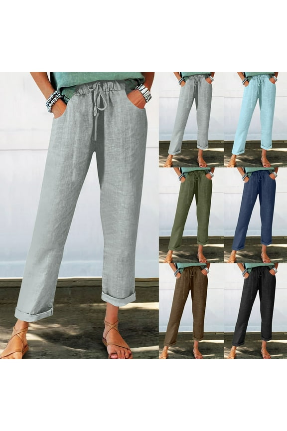 Htigea Women's Linen Blend Pull On Pants Summer Drawstring Ankle Pant with Pockets Sale Army Green,S