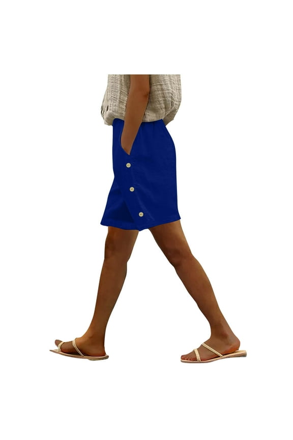Women's Linen Shorts with Pockets Elastic Waist Casual Lounge Shorts Summer Shorts Slide Button Clearance Sale Blue,S