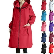 HTIGEA CLEARANC Htigea Women's Long Rain Jacket Waterproof Lightweight Hooded Raincoat Knee Length Rain coat Hot Pink XL