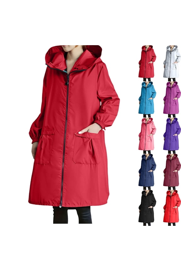Htigea Women's Long Rain Jacket Waterproof Lightweight Hooded Raincoat Knee Length Rain coat Light Blue XL