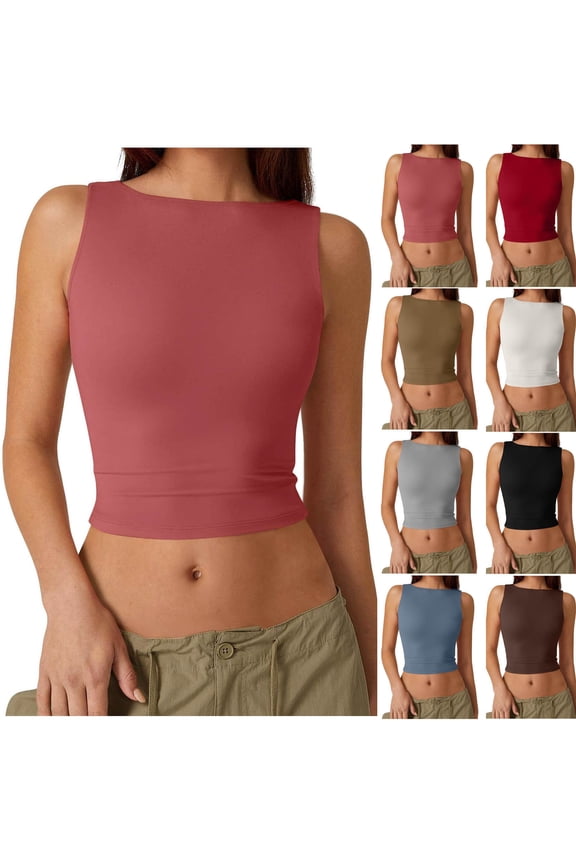 Htigea Women's Open Back Sleeveless Crop Tank High Neck Slim Fit Cropped Tee Shirt Y2K Tops Today Sales Light Blue,S