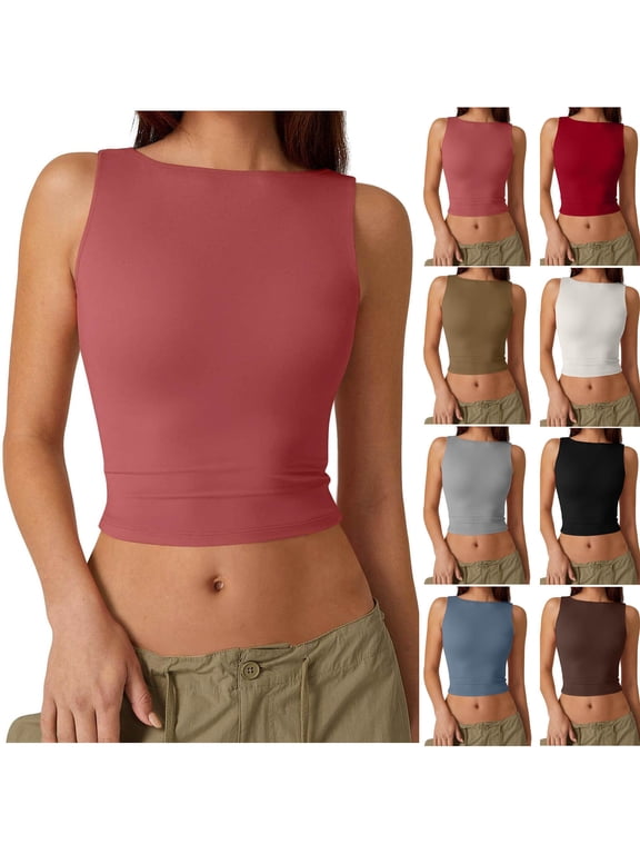 Htigea Women's Open Back Sleeveless Crop Tank High Neck Slim Fit Cropped Tee Shirt Y2K Tops Today Sales Light Blue,S