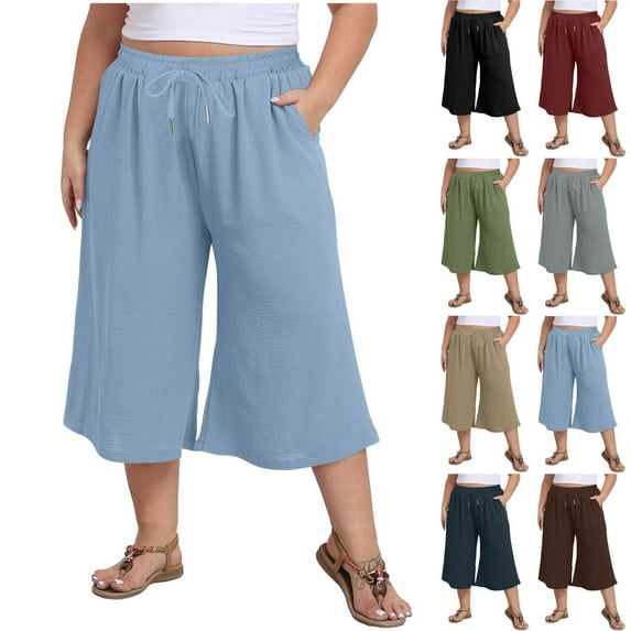 Htigea Clearance Women's Plus Size Capris Wide Leg Crop Casual Pants Comfy Summer Pants with Pockets Drawstring Today Sales Wine 2XL