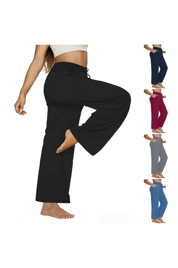 Women's Plus Size Wide Leg Pants Elastic Waist Casual Pants Summer Loose Fit Sweatpants with Pockets Drawstring Today Sales Black 2XL