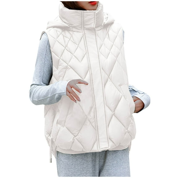 Htigea Clearance Women's Puffer Vest Fall Casual Stand Collar Lightweight Sleeveless Zip Up Padded Jackets Outerwear with Pocket White,L