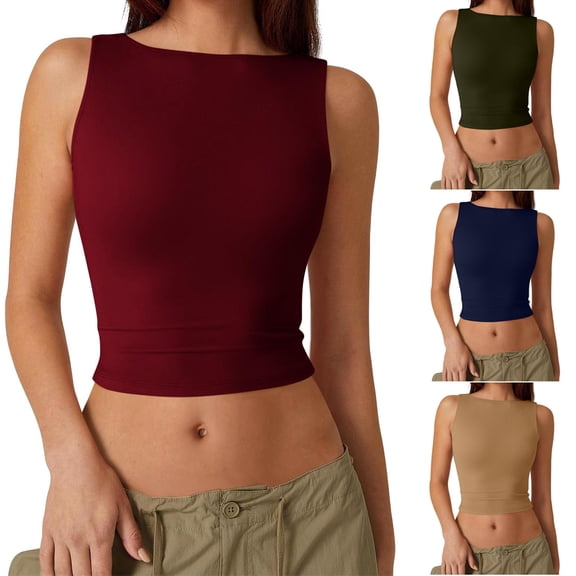 Htigea Women's Scoop Neck Sleeveless Knit Fitted Casual Crop Tank Top Sale Beige,L