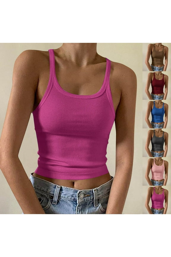 Htigea Women's Scoop Neck Sleeveless Knit Ribbed Fitted Casual Crop Tank Top under $10.00 Blue,S