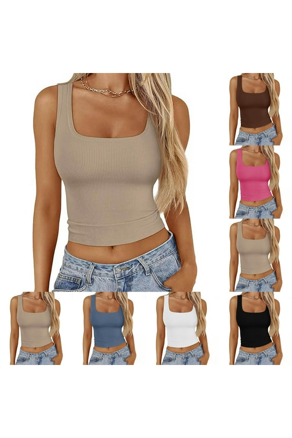 Htigea Women's Scoop Neck Tank Top Lined Sleeveless Tops for Women Basic Tight T Shirts Sale Khaki,M