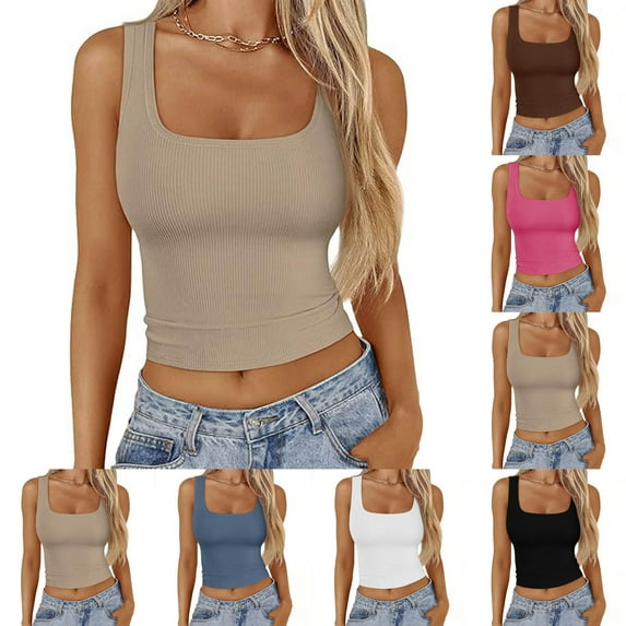 Htigea Women's Scoop Neck Tank Top Lined Sleeveless Tops for Women Basic Tight T Shirts Today Deals White,XL