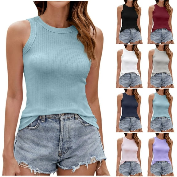 Htigea Women's Sleeveless High Neck Tank Tops Fashion Summer Casual Basic Slim Fit Ribbed Top Shirt Clothes Sale Gray,M
