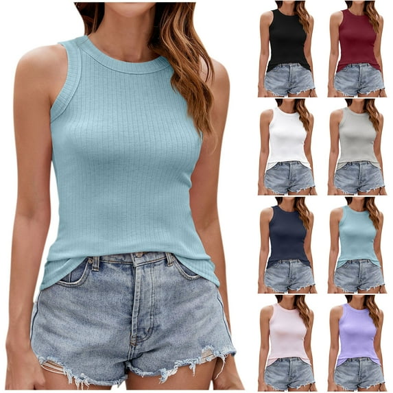 Htigea Women's Sleeveless High Neck Tank Tops Fashion Summer Casual Basic Slim Fit Ribbed Top Shirt Clothes Today Sales Sky Blue,2XL