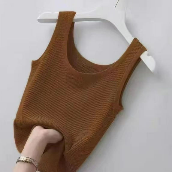 Htigea Women's Sleeveless Tank Top Fitting Scoop Neck Ribbed Knit Basic Cami Shirts Sale Brown,3XL