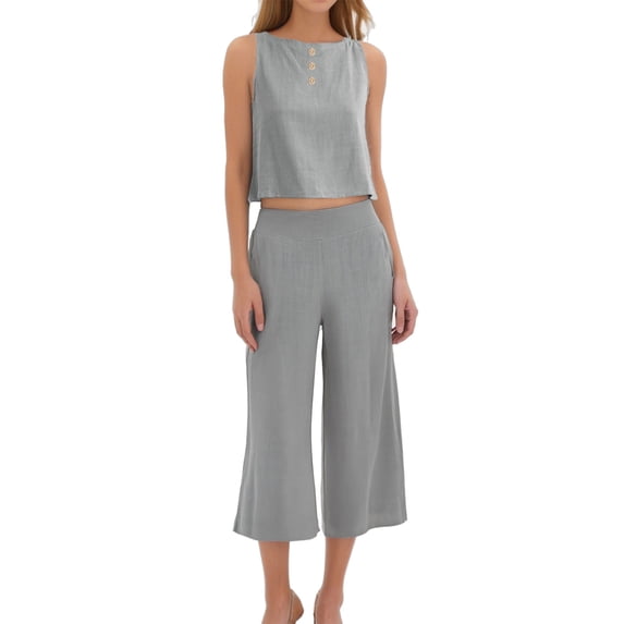Htigea Women's Summer 2 Piece Outfits Sleeveless Round Neck Tank Crop Basic Top Capri Wide Leg Pants Set with Pockets Sale Gray 2XL