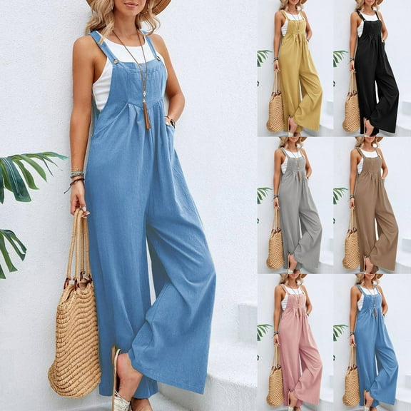 Htigea Clearance Women's Summer Casual Loose Tank Jumpsuit Sleeveless Crewneck Long Pants Jumpsuit Romper with Pockets Gray,M