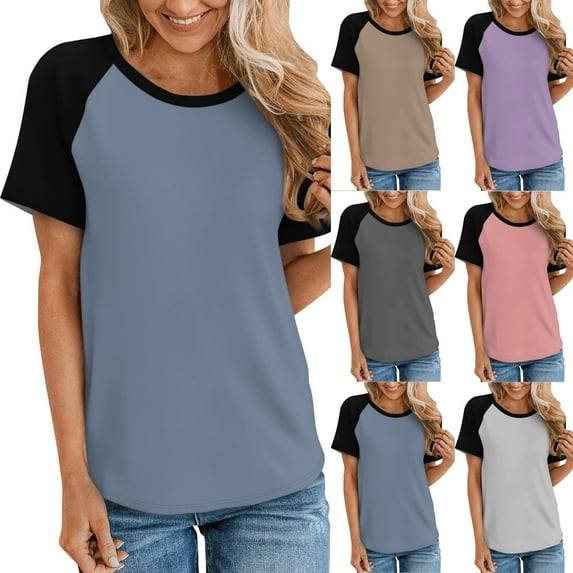 Htigea Clearance Women's T Shirts Short Sleeve Color Block Tops Casual Summer Fashion Tees Purple,M