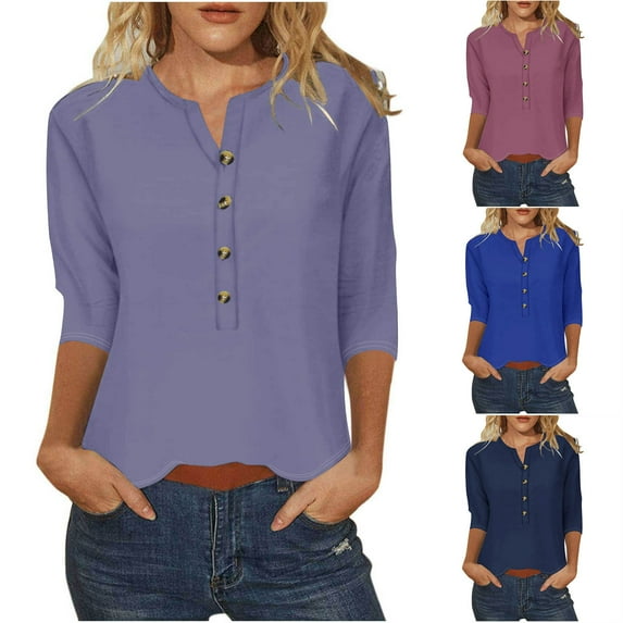 Htigea Clearance Women's V Neck 3/4 Sleeve Tops Button Down Casual T Shirts Basic Loose Fit Tunic Blouse Today Sales Purple,M
