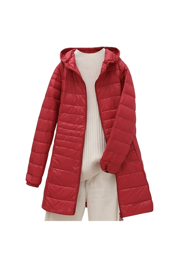 Women's Winter Coat Lightweight Puffer Jacket Long Down Jacket Lightweight Removable Hood Down Jacket Mid-Length Slim Large Size Thin Jacket Today Sales Red,M