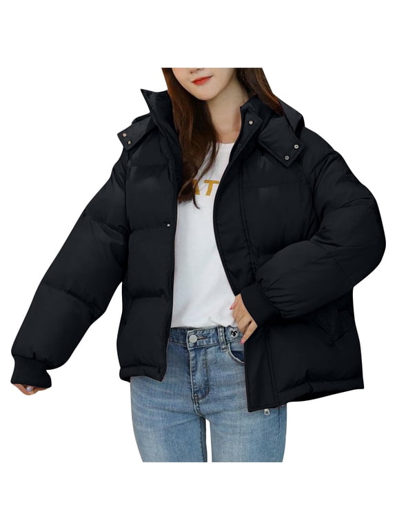 Clearance Women's Winter Coat Packable Short Length Quilted Puffer Parka Coat - Hooded Outerwear Jacket for Women Black,XL