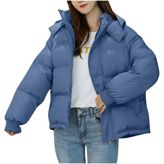 Htigea Women's Winter Coat Packable Short Length Quilted Puffer Parka Coat - Hooded Outerwear Jacket for Women Blue,L
