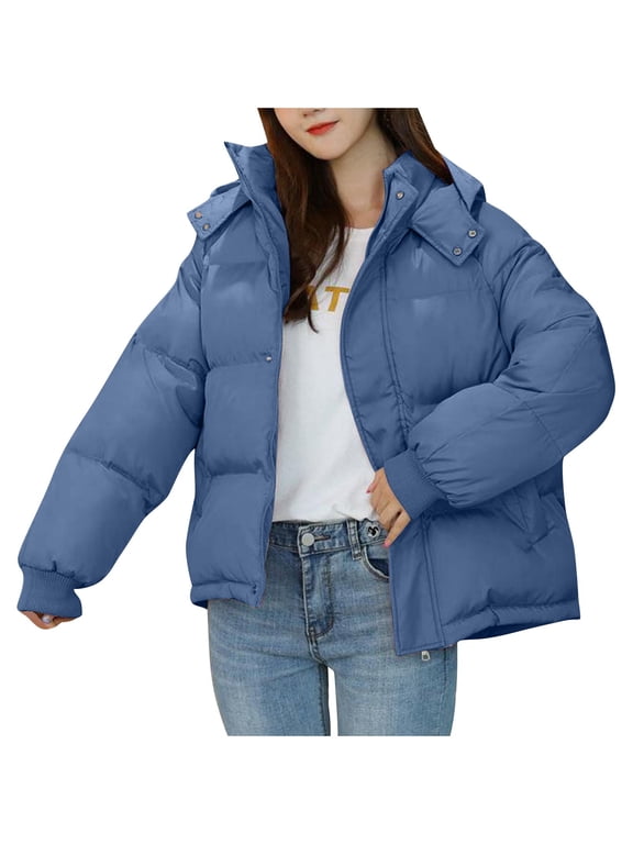 Clearance Women's Winter Coat Packable Short Length Quilted Puffer Parka Coat - Hooded Outerwear Jacket for Women Today Sales Blue,XXL