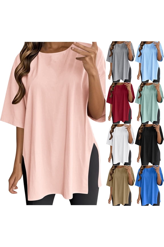 Htigea Women's Workout T-Shirts Loose Fit Short Sleeve Cotton Running Basic Tee Tops with Split Hem Khaki,2XL