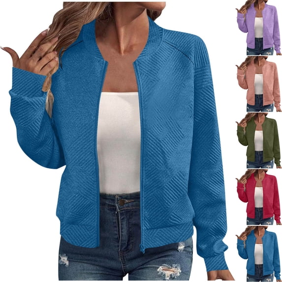 Htigea Clearance Women's Zip Up Textured Lightweight Bomber Jacket Casual Long Sleeve Outerwear Blue M
