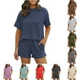 thumbnail image 1 of Htigea Womens 2 Piece Outfits Summer Short Sleeve T Shirts and Shorts Casual Beach Matching Sets Ribbed Knit Loungewear Fall Savings Army Green,L, 1 of 3