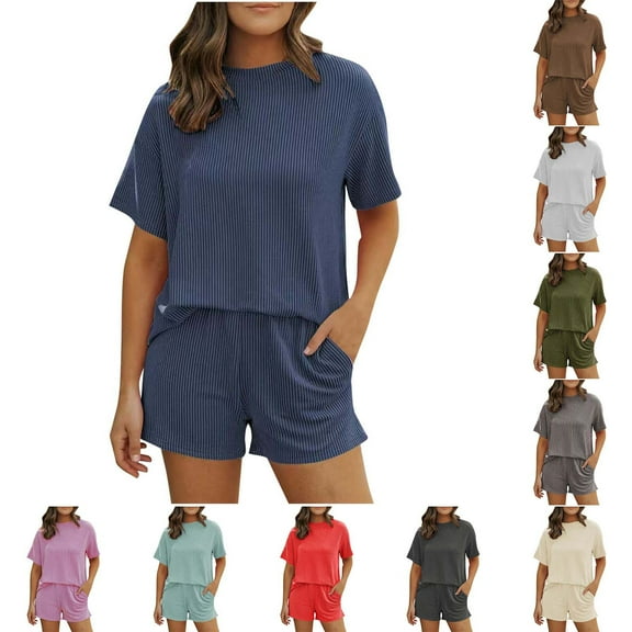 Htigea Womens 2 Piece Outfits Summer Short Sleeve T Shirts and Shorts Casual Beach Matching Sets Ribbed Knit Loungewear Today Sales Navy,S