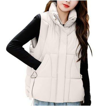 Htigea Clearance Womens 2025 Puffer Vest Sleeveless Zip Up Quilted Coat Stand Collar Gilet Jacket with Pockets Today Deals White,XL
