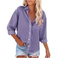 thumbnail image 1 of Htigea Clearance Womens Button Down Shirts Short Sleeve Linen Cotton Collared Button Up Casual Blouses Tops with Pocket Purple,L, 1 of 5