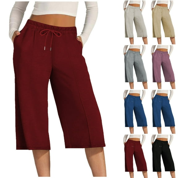 Htigea Clearance Womens Capri Yoga Pants Wide Leg Drawstring Lounge Pants Loose Comfy Workout Capris Sweatpants with Pockets Clearance Sale Purple L