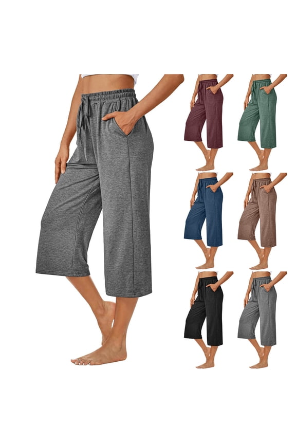 Womens Capris Pants Wide Leg Summer 2025 Sweatpants Drawstring Loose Lounge Palazzo Casual Crop Trouser with Pocket Today Sales Black,XXL