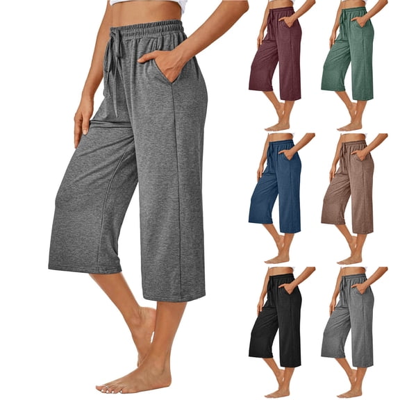 Htigea Clearance Womens Capris Pants Wide Leg Summer 2025 Sweatpants Drawstring Loose Lounge Palazzo Casual Crop Trouser with Pocket Today Sales Black,XXL