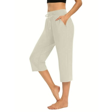 Htigea Clearance Womens Capris Yoga Pants Pull On Stretch Comfy Lightweight Summer Wide Leg Workout Crop with Pockets Today Deals Beige,XXL