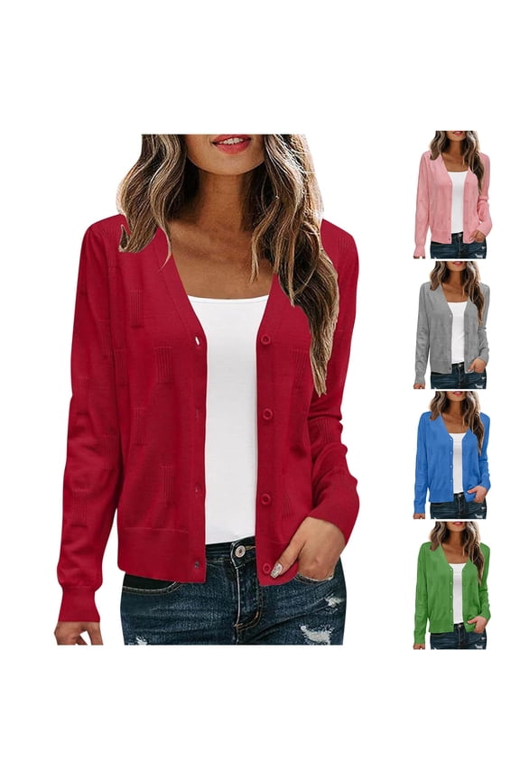 Htigea Womens Cardigan Sweaters Lightweight Crew Neck Long Sleeve Outfits Fall Fashion Clothing Pink L