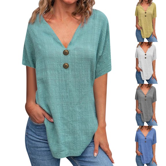 Htigea Clearance Womens Casual Button V Neck Shorts Sleeve Shirts Oversized Solid Blouses Tops Blue,XL