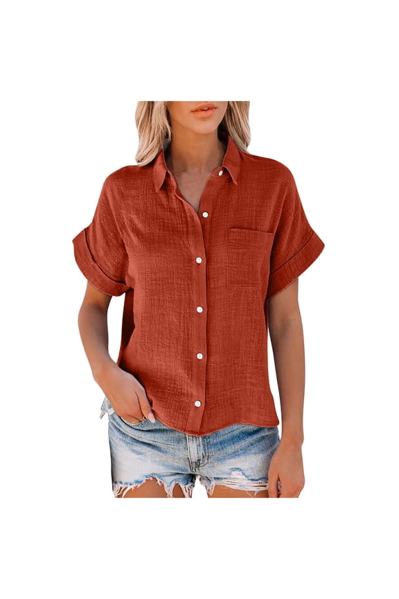 Womens Cotton Linen Button Down Shirts Short Sleeve Dress Shirts Casual Summer Tops Blouses with Pockets Orange,XL