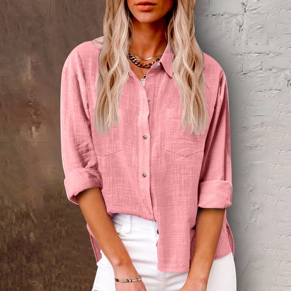 Htigea Womens Cotton Linen Button Down Shirts Short Sleeve Dress Shirts Casual Summer Tops Blouses with Pockets Pink,L