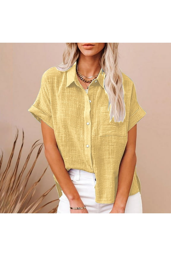 Womens Cotton Linen Button Down Shirts Short Sleeve Dress Shirts Casual Summer Tops Blouses with Pockets Yellow,XL