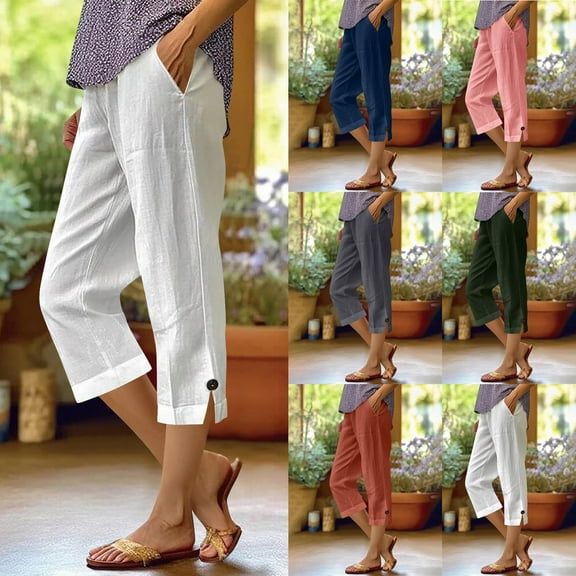 Htigea Clearance Womens Cotton Linen Cropped Pants Loose Fit Capri Casual Elastic Waist Trousers Army Green,M