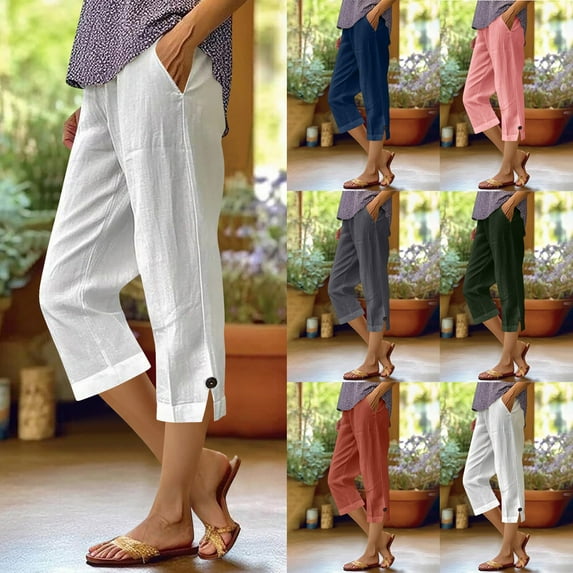 Htigea Clearance Womens Cotton Linen Cropped Pants Loose Fit Capri Casual Elastic Waist Trousers Gray,M