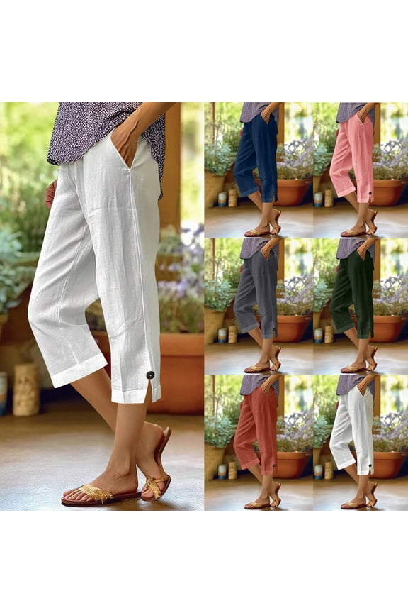 Womens Cotton Linen Cropped Pants Loose Fit Capri Casual Elastic Waist Trousers Navy,XL