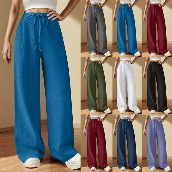 Htigea Womens Cotton Linen Palazzo Pants Drawstring Elastic Waist Casual Wide Leg Trousers with Pockets Today Sales Gray,L